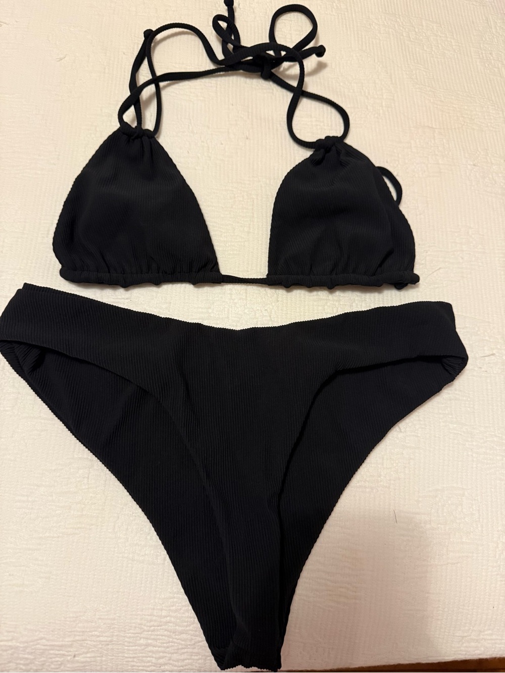 Classic Black Ribbed Triangle Bikini Set - Women